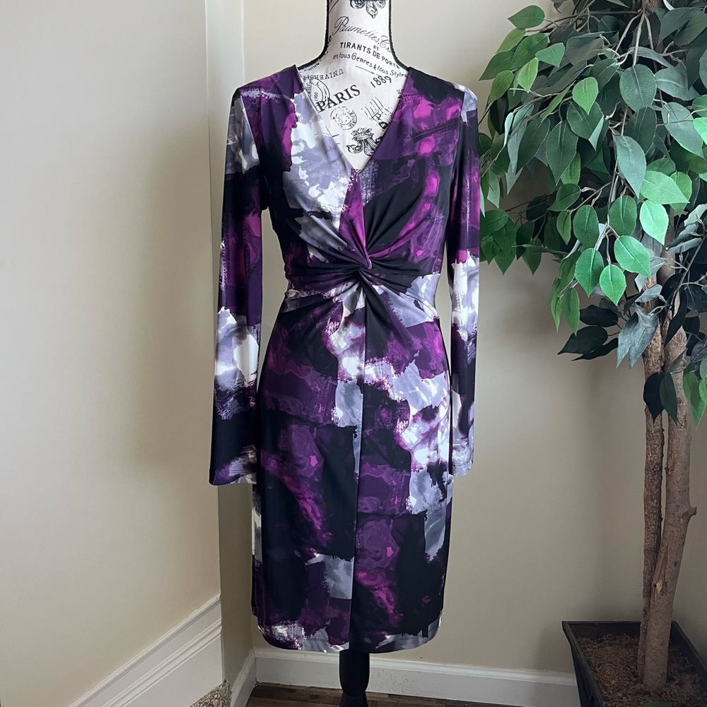 Donna Karan Printed Long Sleeve V-Neck Sheath Dress Purple Sz 6